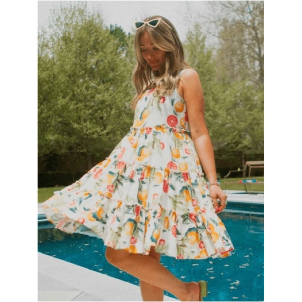 Ivy City Co. Phoebe Sun Dress citrus Fruit Pattern Ruffled Cotton Medium